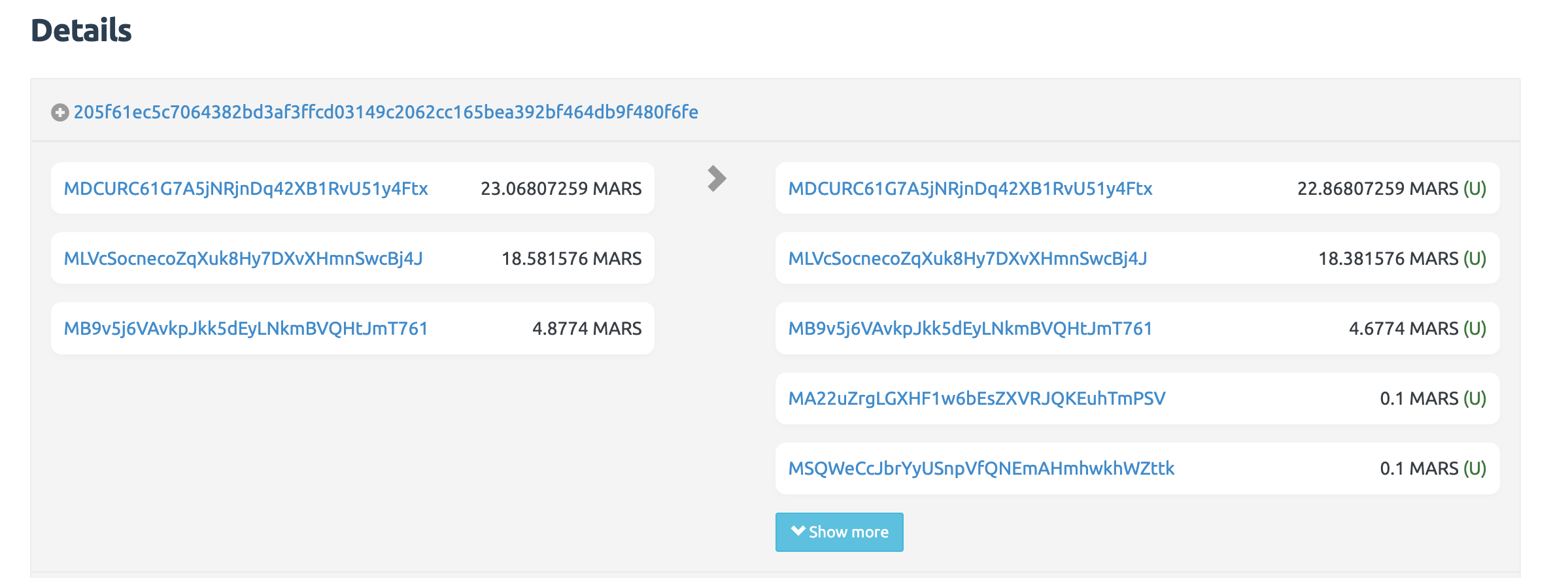 Blockchain explorer showing the ballot funding transaction: three civic addresses on the left funding three anonymous ballot addresses on the right