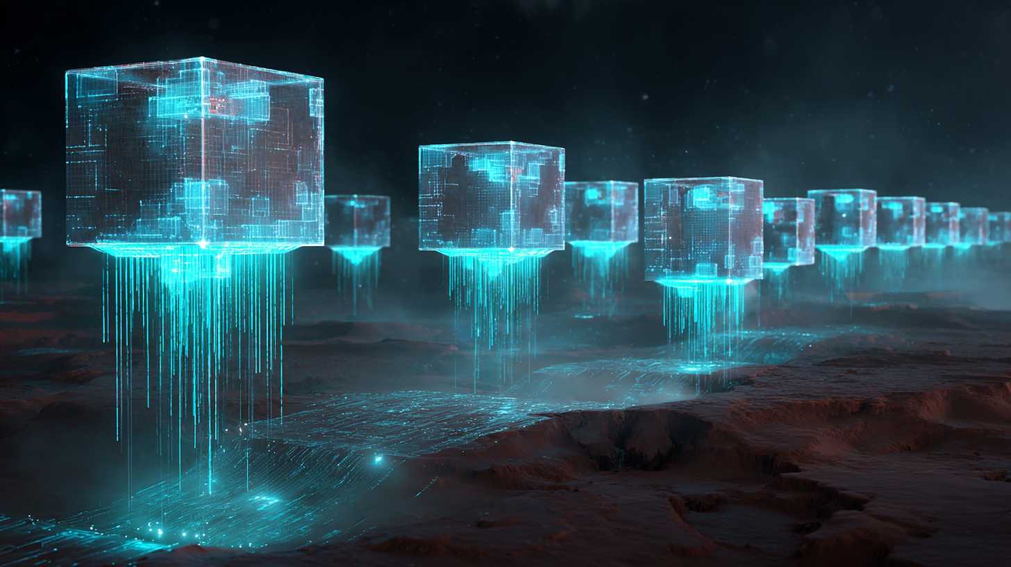 Holographic blockchain cubes floating above the Martian surface