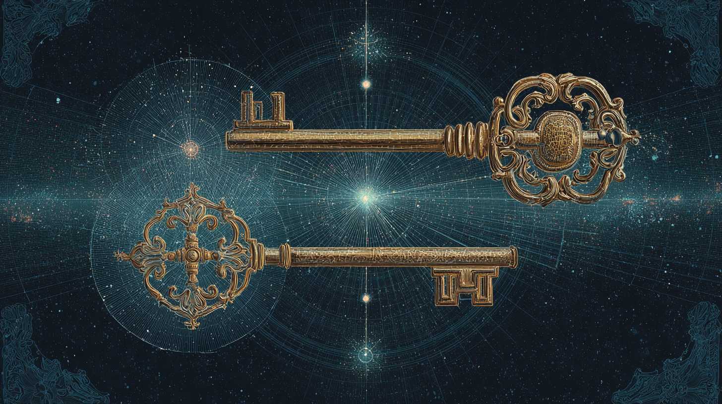 Two ornate golden keys floating in space — public and private