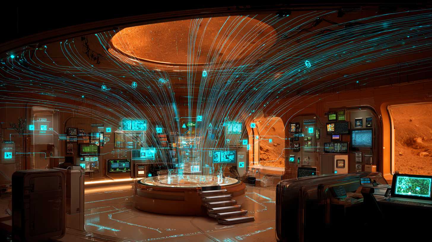 Mars habitat control room with holographic data streams flowing from certified instruments