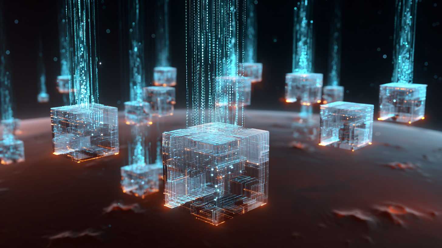 Blockchain data cubes hovering above the Martian landscape