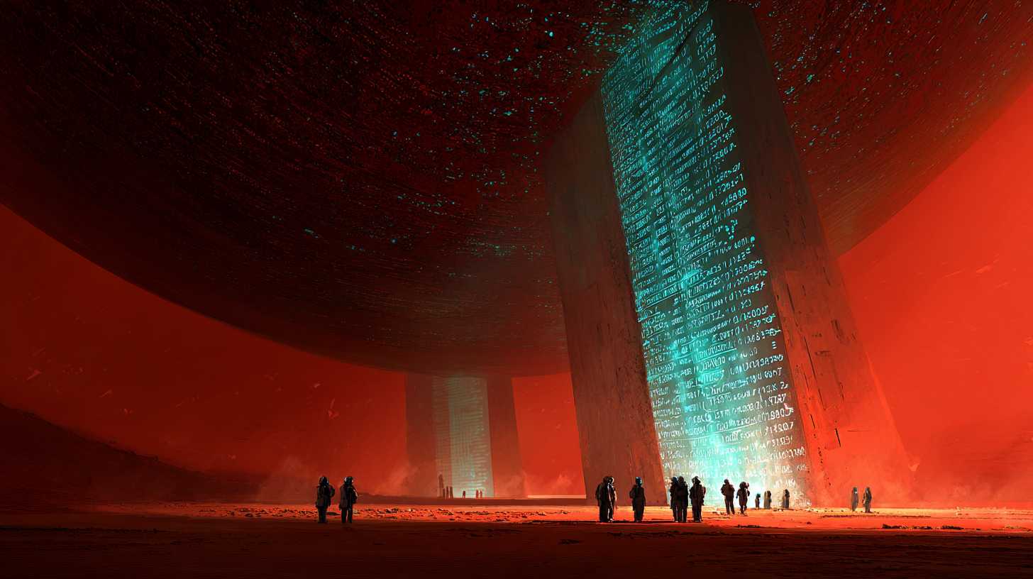 A towering code monolith glowing with cyan code on the Martian surface