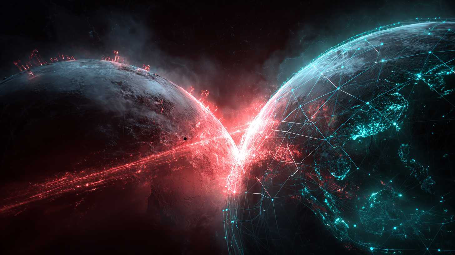 Earth and Mars locked in a blockchain hash-war, red attack beams deflected by cyan shield grid