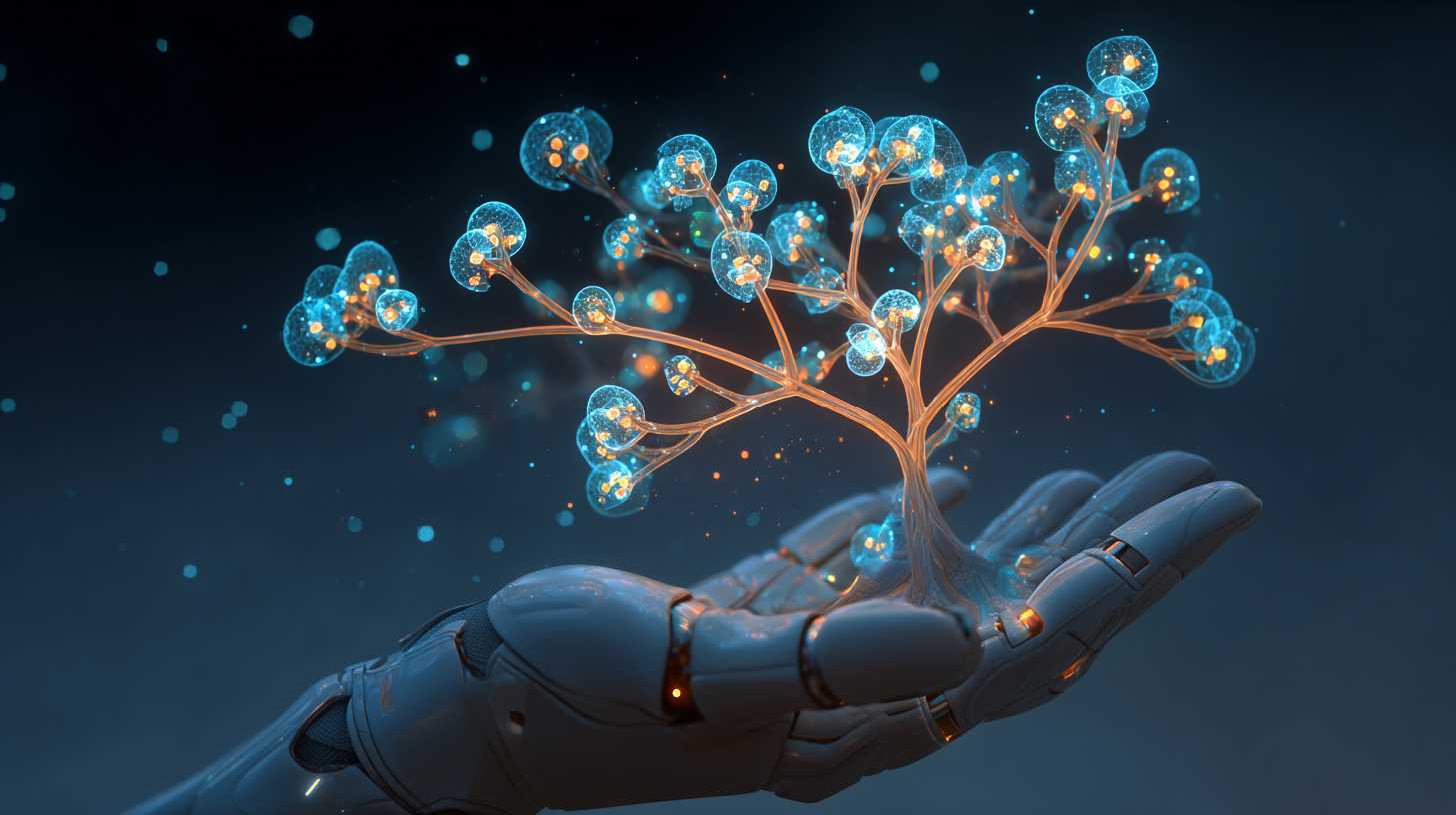 A glowing hierarchical key tree growing from an open hand