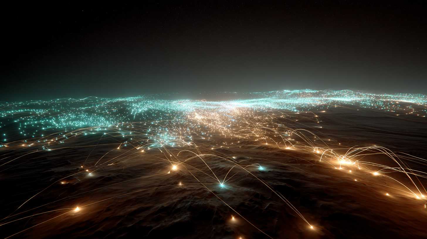 A glowing network of interconnected IPFS nodes spanning the Martian surface