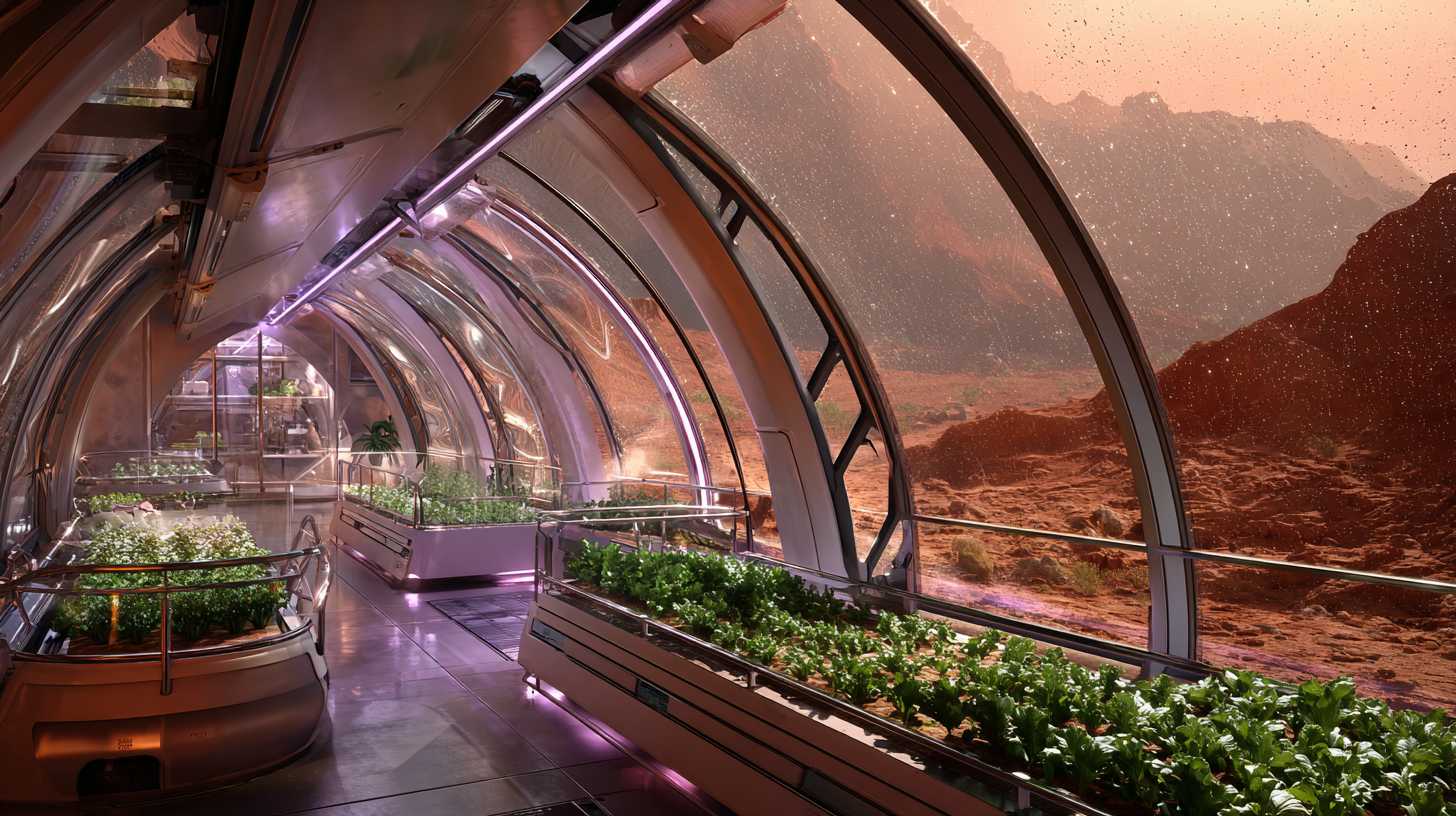 Interior of a pressurized Mars greenhouse dome with hydroponic gardens