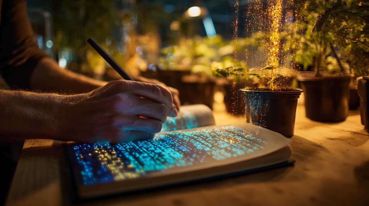 A researcher writing in a glowing digital notebook inside a Mars greenhouse