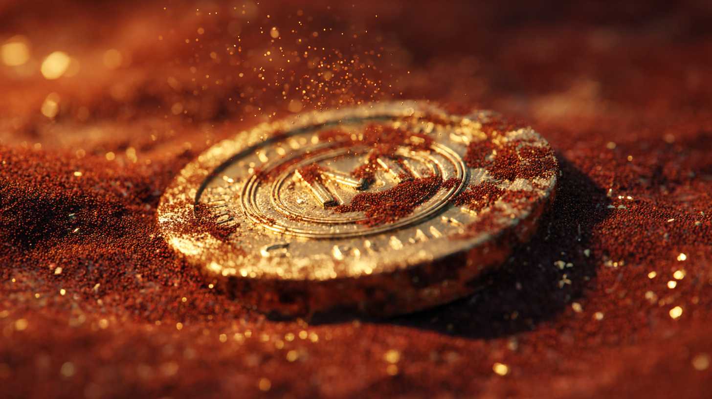 A golden Marscoin half-buried in red Martian sand