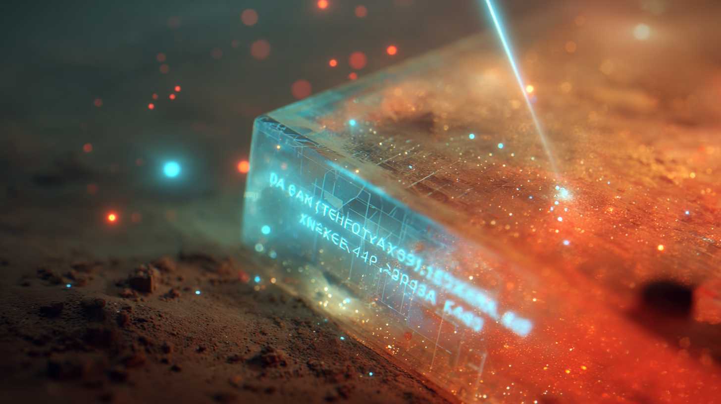 A translucent blockchain block being inscribed with luminous data on Martian soil
