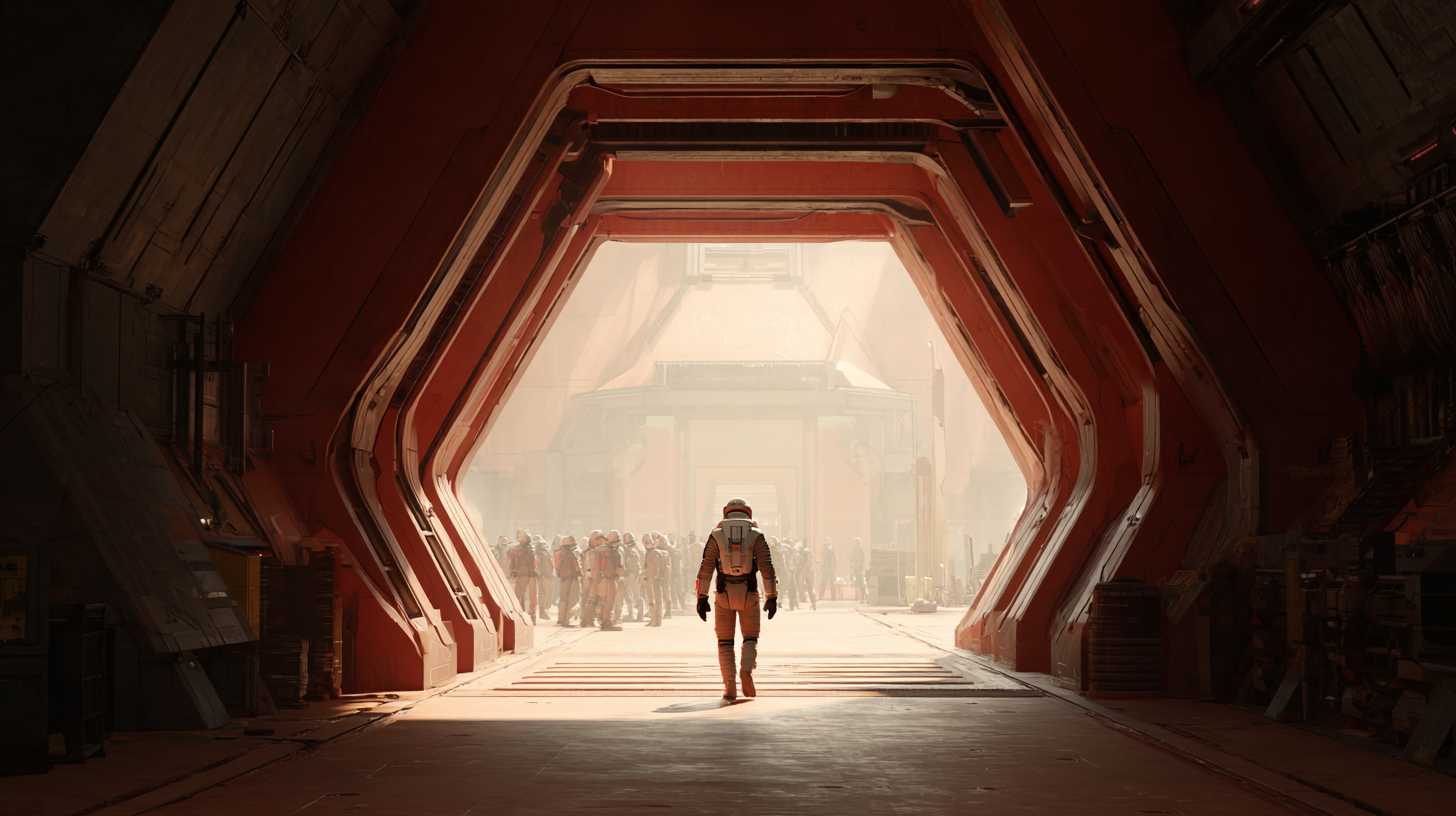 Pioneers arriving at a Martian settlement, silhouetted against a dusty amber sky