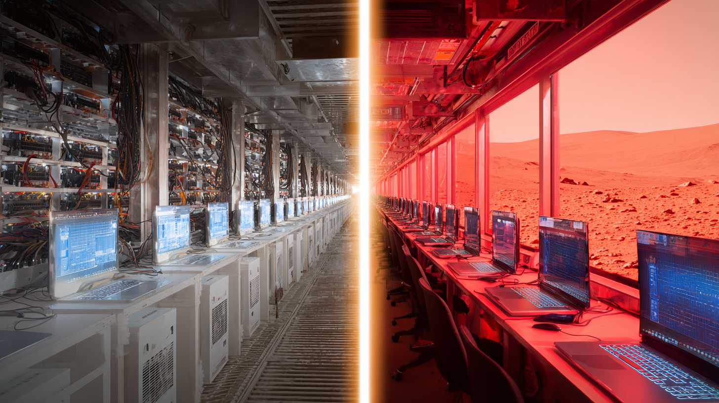 ASIC mining facility contrasted with Mars colony computers