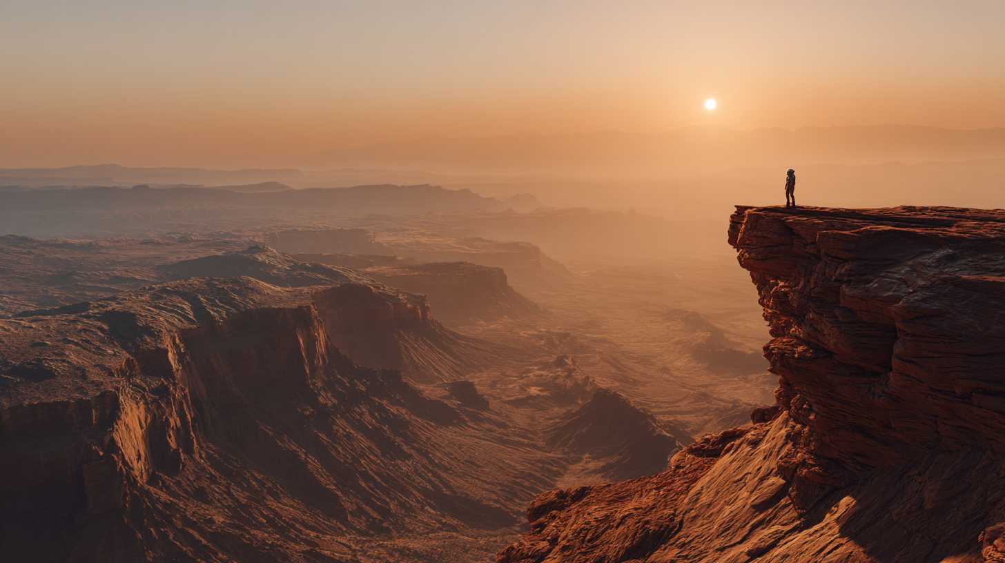 A lone figure stands on a Martian cliff overlooking a vast canyon at sunset